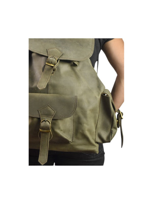 Large leather backpack with compartments on the sides