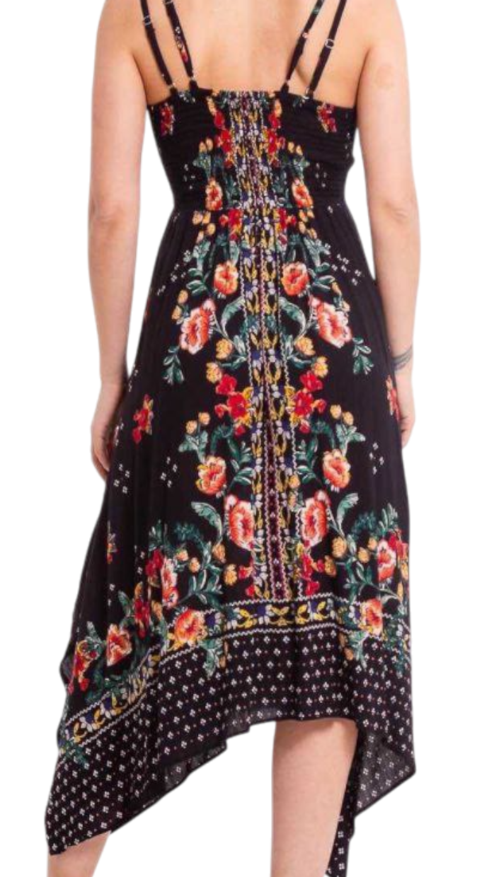 Vestido Midi Bohemio Negro con Estampado Floral
