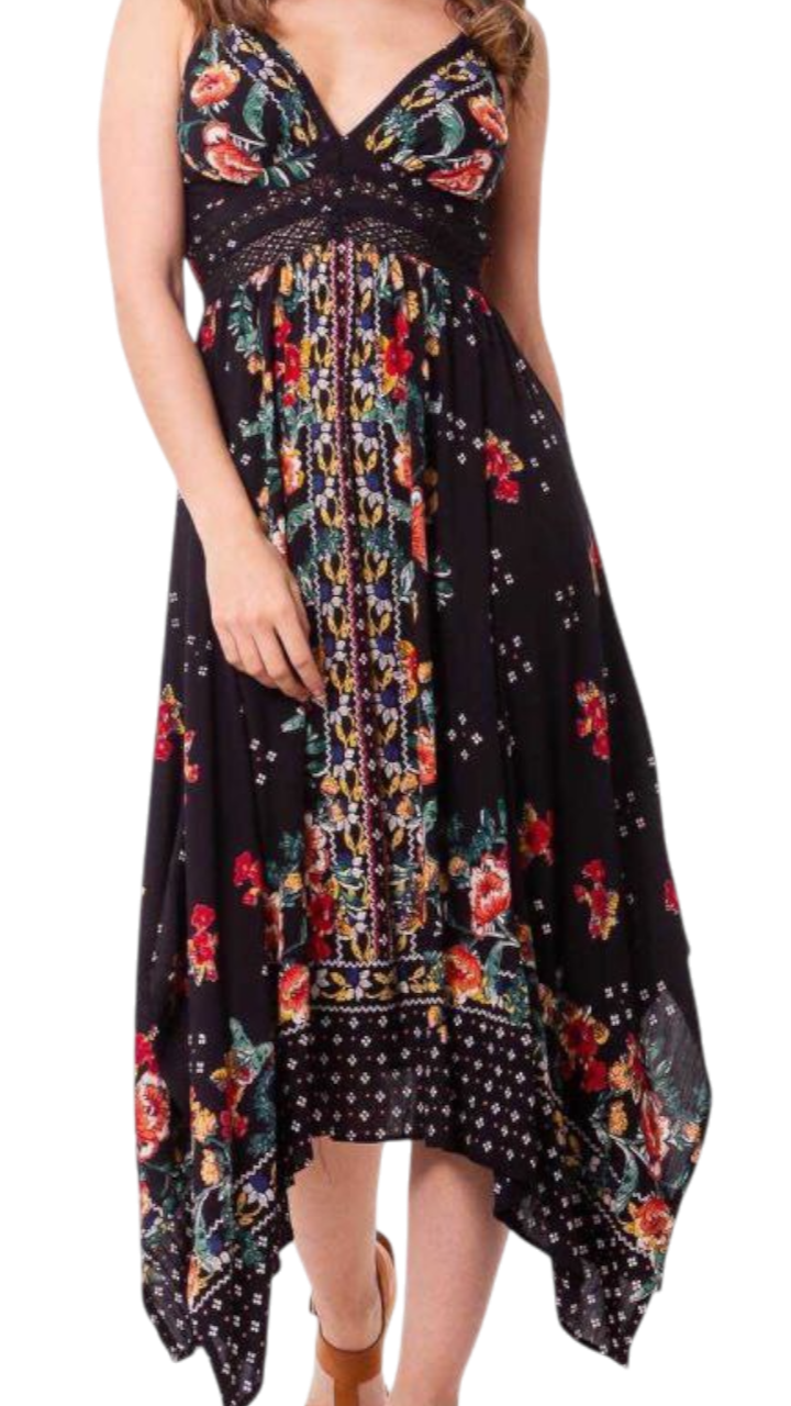 Vestido Midi Bohemio Negro con Estampado Floral
