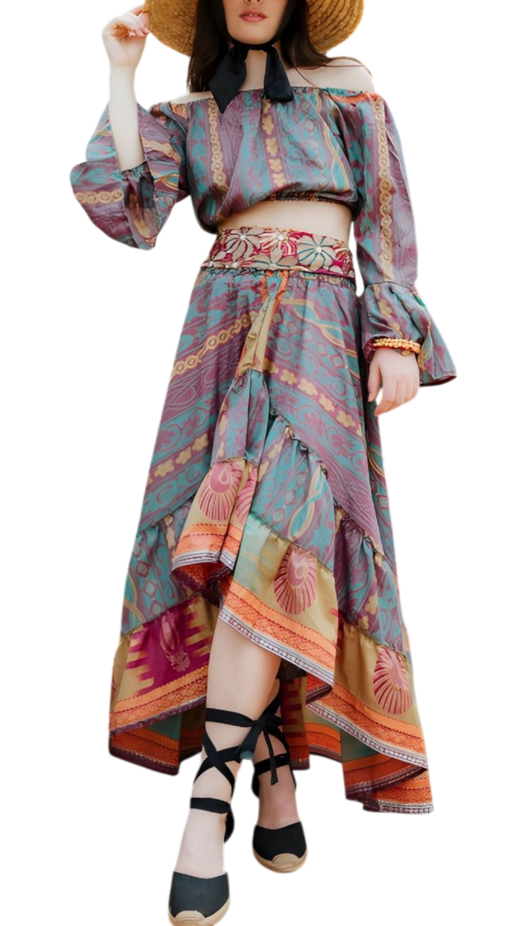 Conjunto Samira – Blusa & Falda de sari reciclado