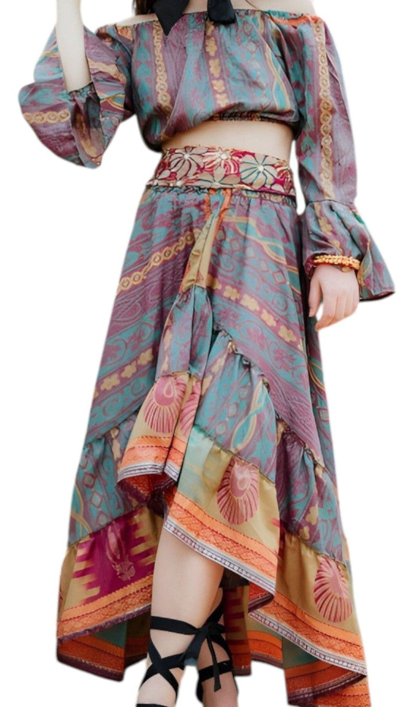 Conjunto Samira – Blusa & Falda de sari reciclado