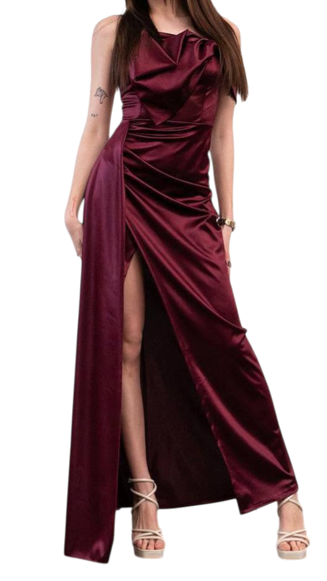 Vestido Olivo y Cerezo satinado con drapeado – Elegancia en movimiento ✨