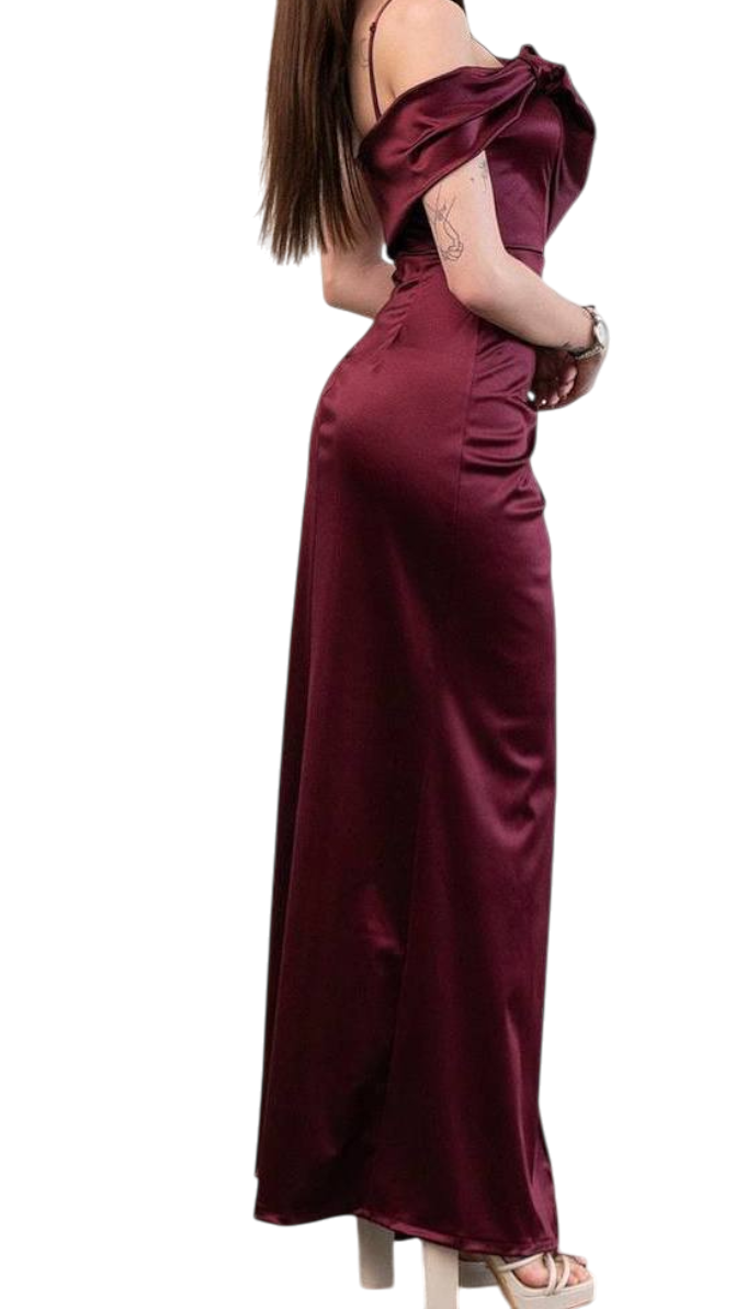 Vestido Olivo y Cerezo satinado con drapeado – Elegancia en movimiento ✨