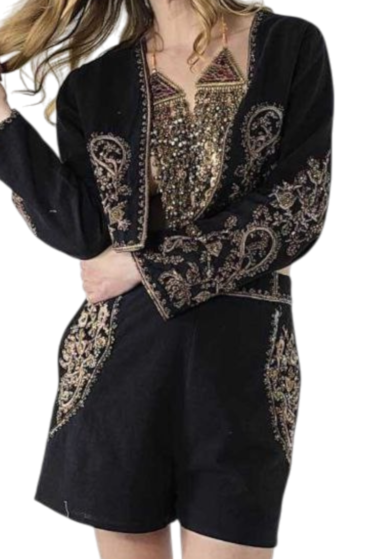 Short Embroidered Dress in Blue or Emerald Green with Gold Sparkles