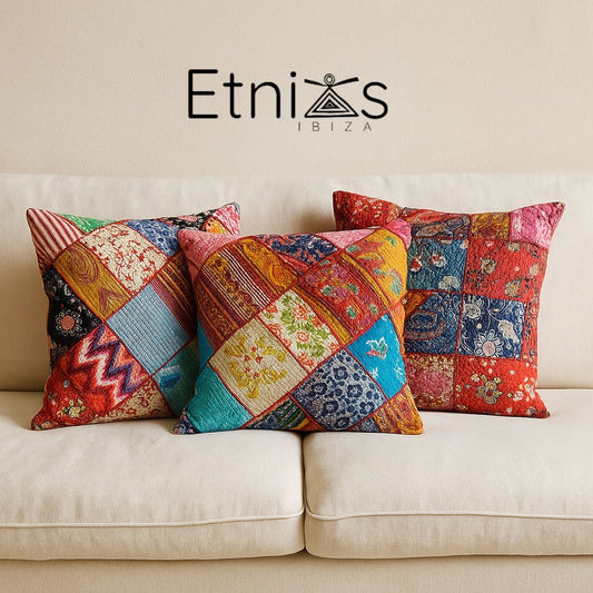 Set of 3 Patchwork Cushion Covers made of Recycled Cotton Scraps – 45x45 cm