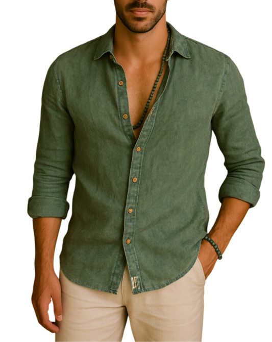 Camisa Salino Verde Olivo – 100% Lino