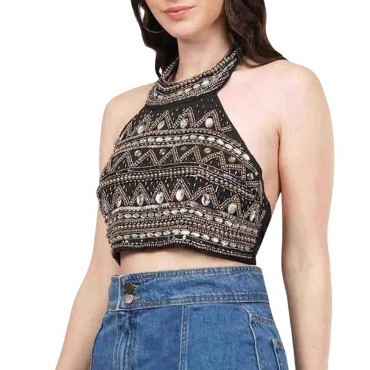 Short Embroidered Dress in Blue or Emerald Green with Gold Sparkles