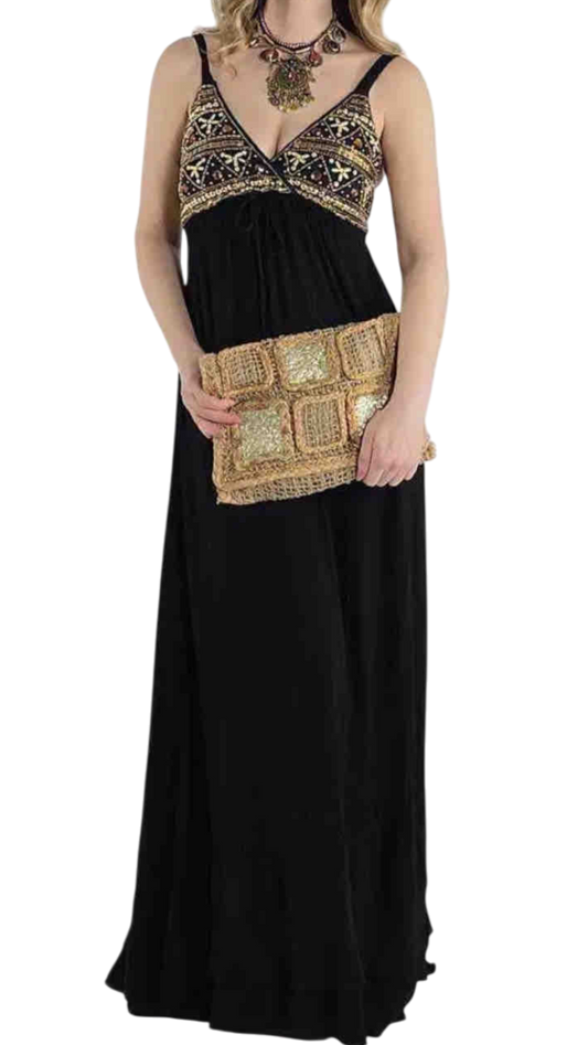 Short Embroidered Dress in Blue or Emerald Green with Gold Sparkles