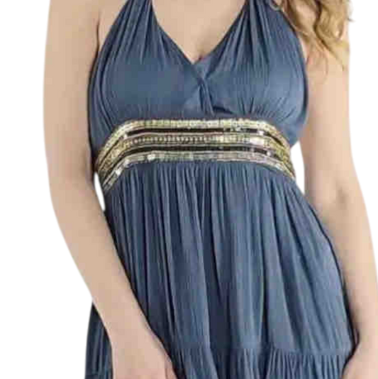 Short Embroidered Dress in Blue or Emerald Green with Gold Sparkles