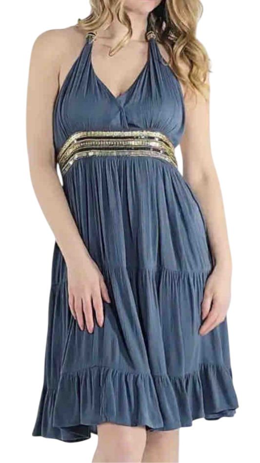 Short Embroidered Dress in Blue or Emerald Green with Gold Sparkles