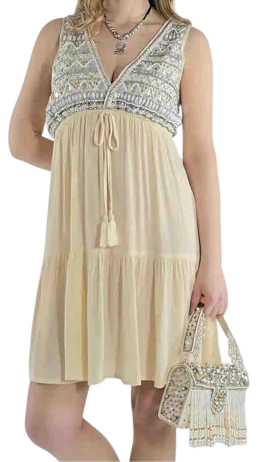 Short Embroidered Dress in Blue or Emerald Green with Gold Sparkles