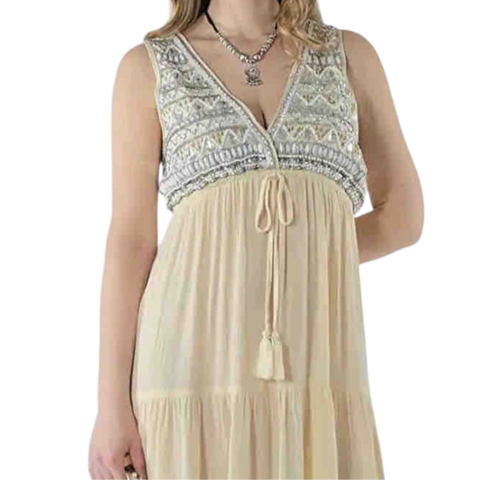 Short Embroidered Dress in Blue or Emerald Green with Gold Sparkles