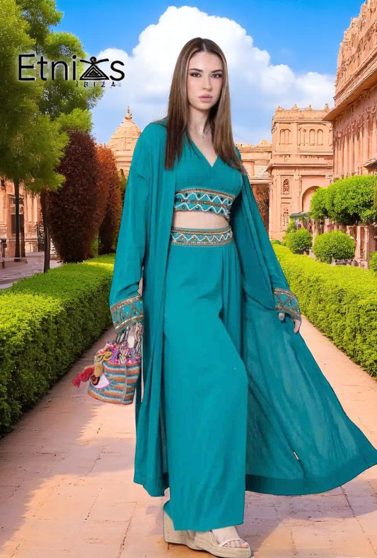 Conjunto de Tres Piezas “Raga Divina” – Kimono Largo, Pantalón Fluido y Top Halter