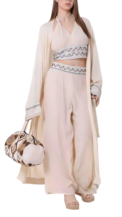 Conjunto de Tres Piezas “Raga Divina” – Kimono Largo, Pantalón Fluido y Top Halter