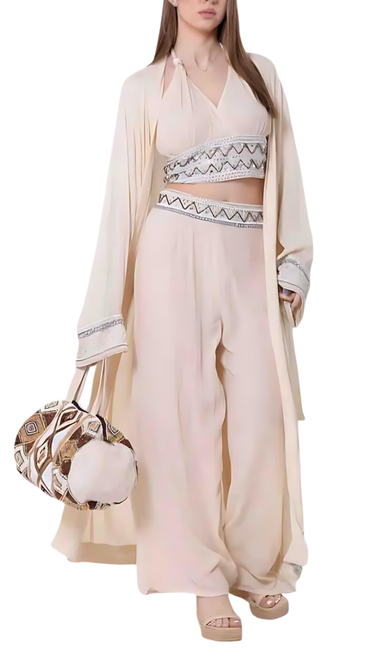 Conjunto de Tres Piezas “Raga Divina” – Kimono Largo, Pantalón Fluido y Top Halter