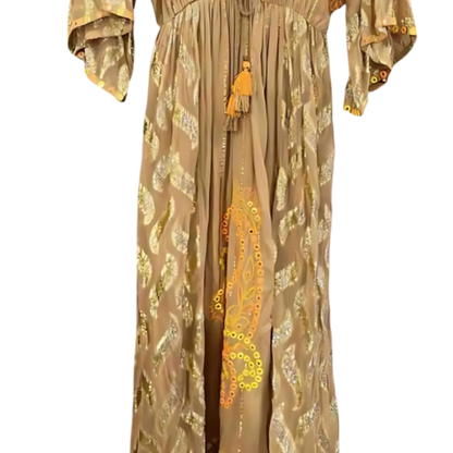 Vestido "Fuego de Vida" – Bordado a mano con espejos y motivos dorados