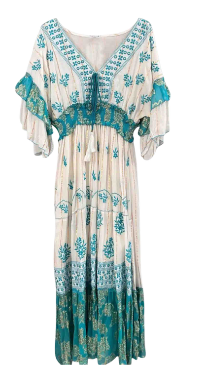 Vestido Largo Bordado "Sol del Trópico" – Verde Turquesa