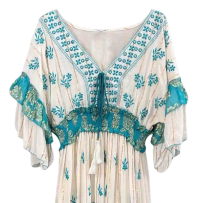 Vestido Largo Bordado "Sol del Trópico" – Verde Turquesa