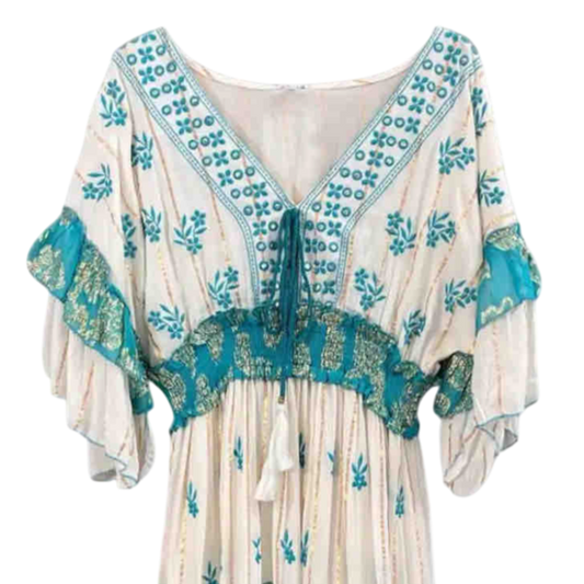 Vestido Largo Bordado "Sol del Trópico" – Verde Turquesa
