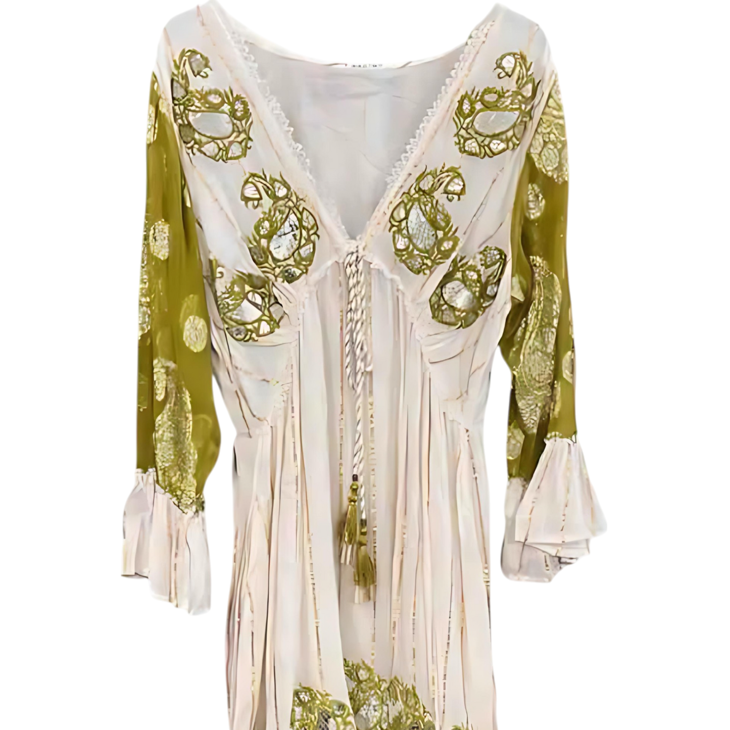 🌿 Espejismo Sagrado – Vestido con bordados dorados y cristales