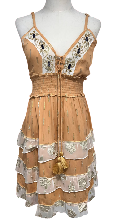 Short “Solambra” dress with gold embroidery and layered ruffles