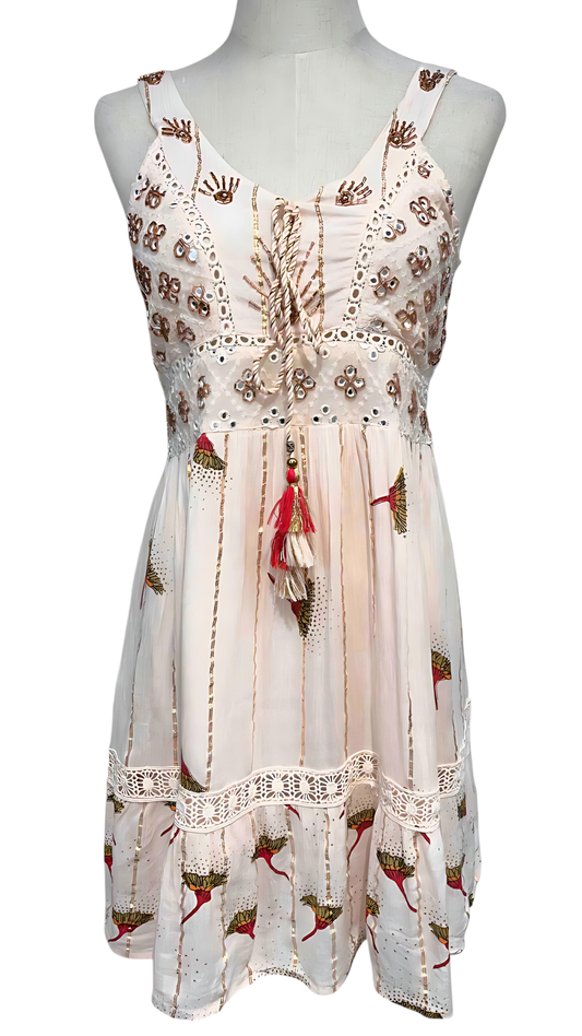 “Kynari” short dress with hand-embroidered embroidery and pompoms