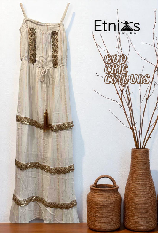 Vestido largo Marfil con detalles dorados