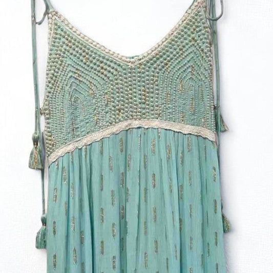 Vestido largo azul agua con cuerpo de crochet
