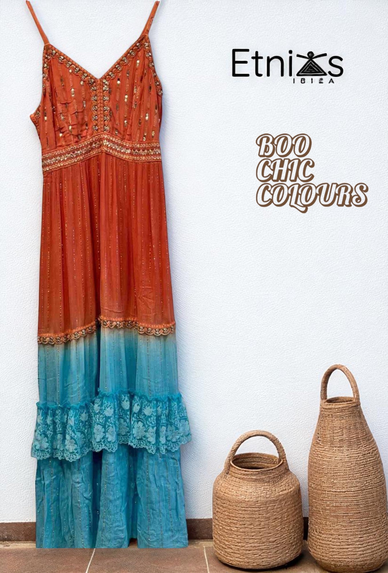 Vestido largo degradado naranja y turquesa con encaje