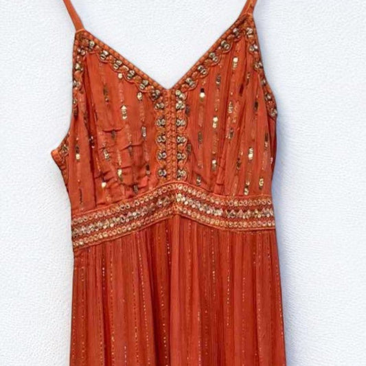 Vestido largo degradado naranja y turquesa con encaje
