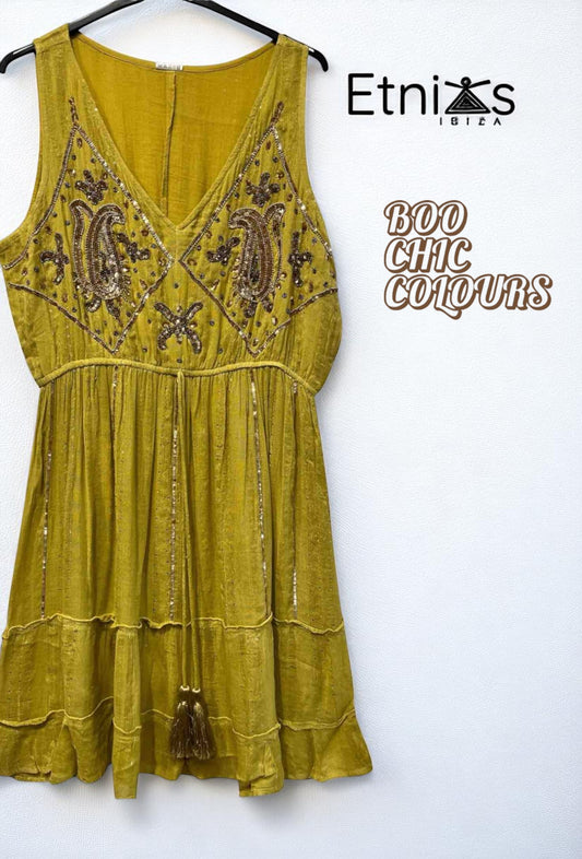 Short Embroidered Dress in Blue or Emerald Green with Gold Sparkles