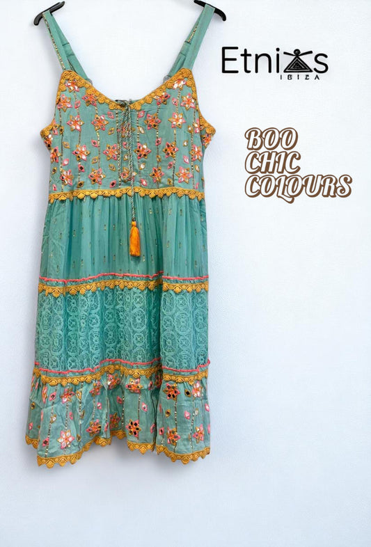 Short Embroidered Dress in Blue or Emerald Green with Gold Sparkles
