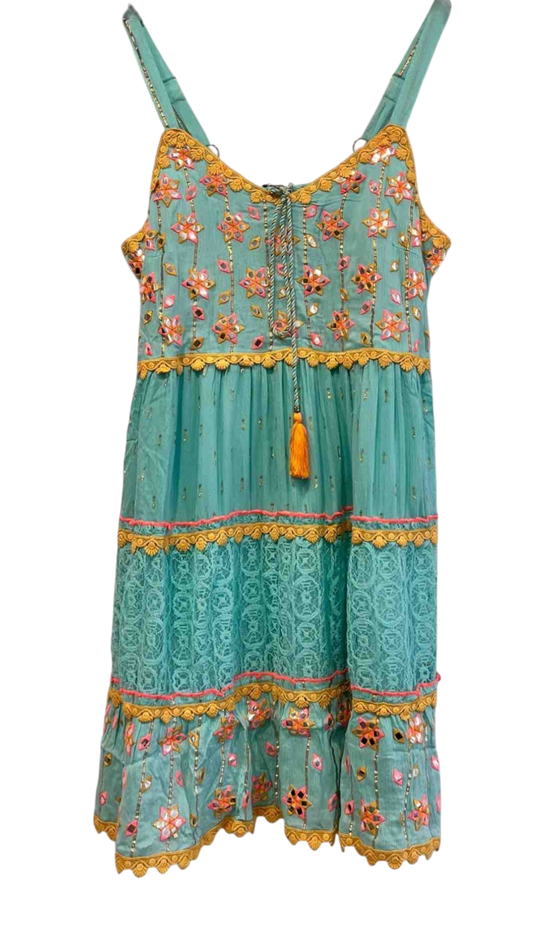 Short Embroidered Dress in Blue or Emerald Green with Gold Sparkles