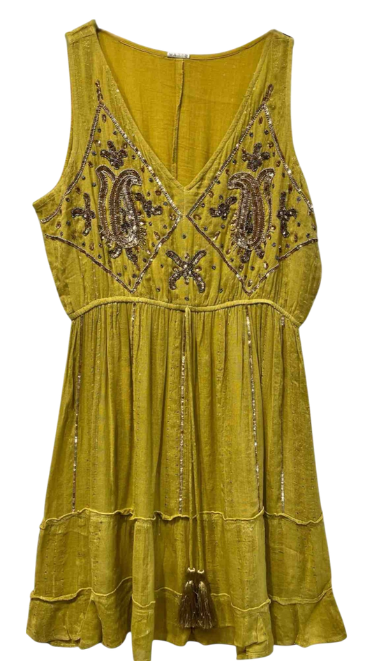 Short Embroidered Dress in Blue or Emerald Green with Gold Sparkles