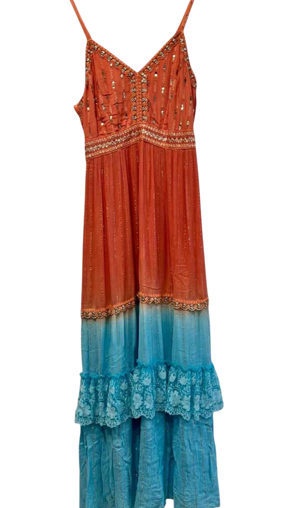 Vestido largo degradado naranja y turquesa con encaje