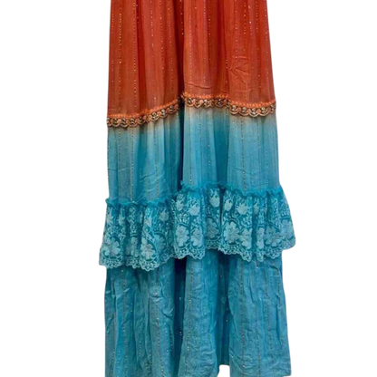 Vestido largo degradado naranja y turquesa con encaje