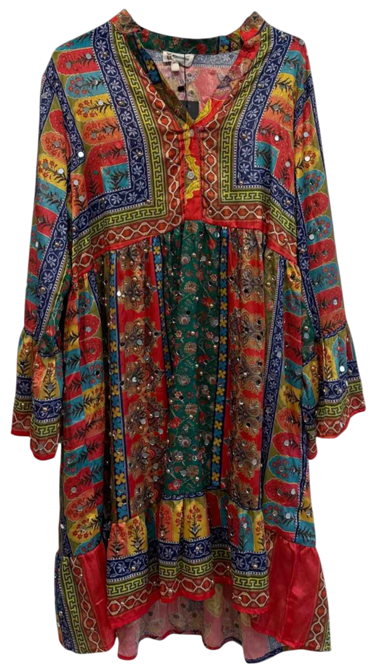 Short Embroidered Dress in Blue or Emerald Green with Gold Sparkles