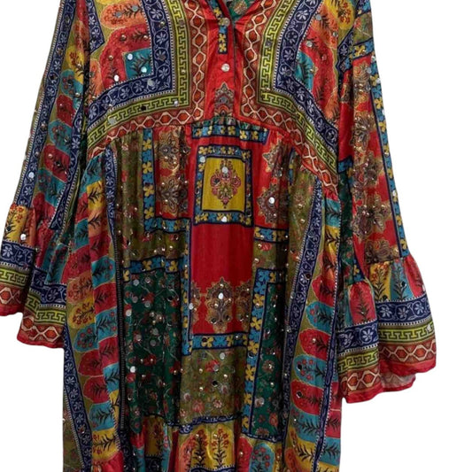 Short Embroidered Dress in Blue or Emerald Green with Gold Sparkles
