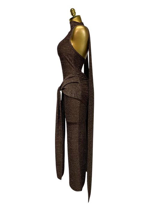 Vestido Largo Marrón Chocolate Metalizado ·