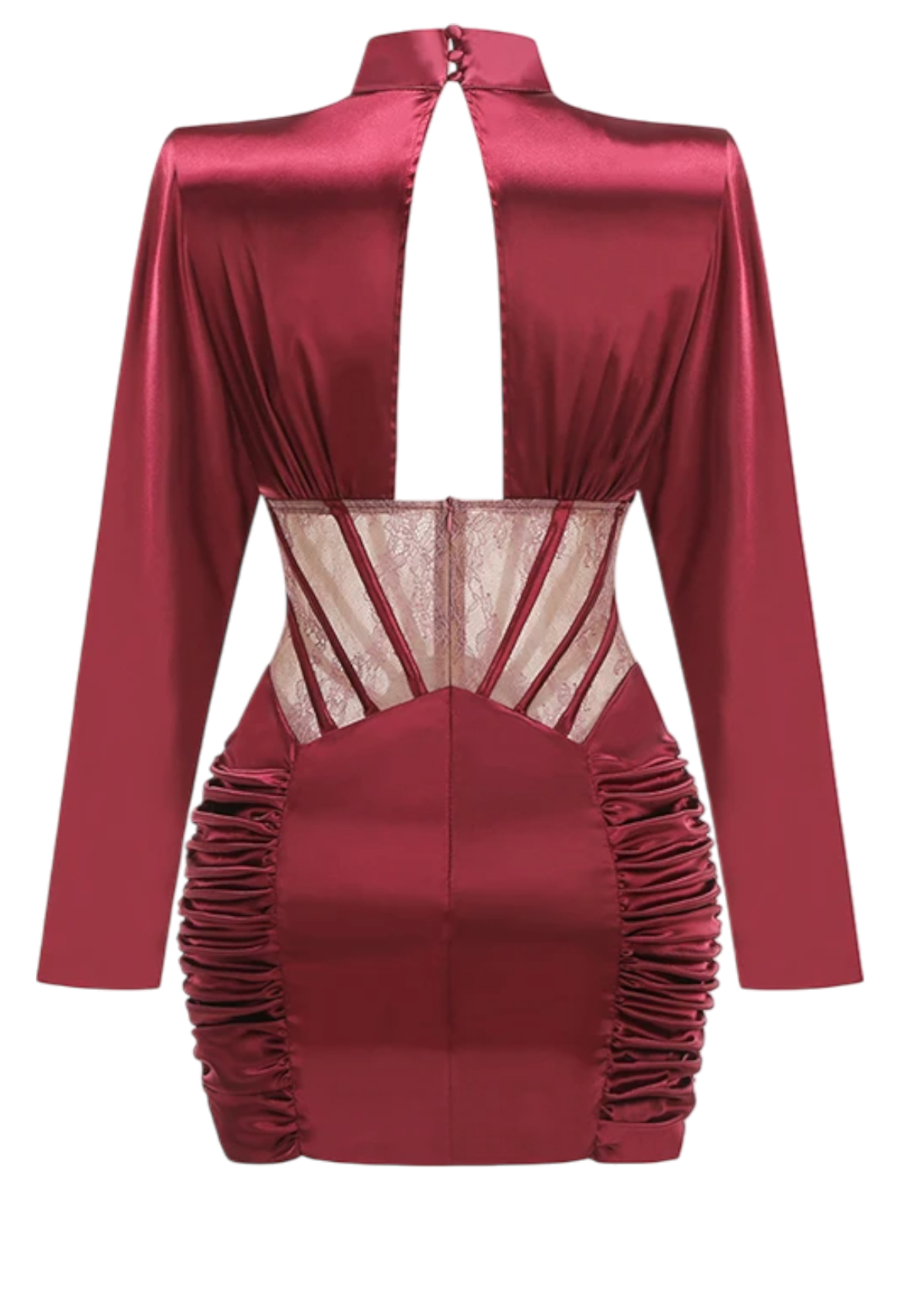 Vestido Burdeos Satinado con Transparencias y Encaje