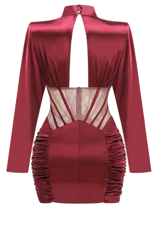 Vestido Burdeos Satinado con Transparencias y Encaje