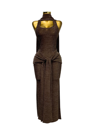 Vestido Largo Marrón Chocolate Metalizado ·