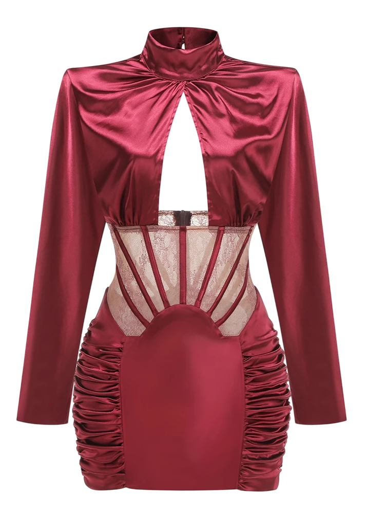 Vestido Burdeos Satinado con Transparencias y Encaje