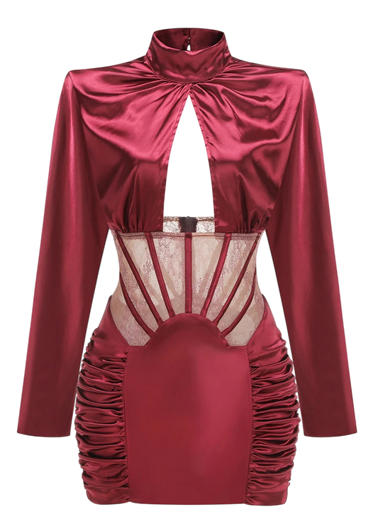 Vestido Burdeos Satinado con Transparencias y Encaje