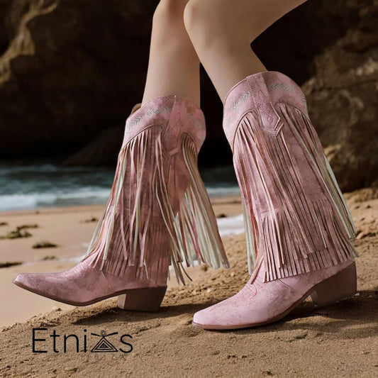 Botas Candy Rebelde – Rosa Empolvado con Flecos y Bordados