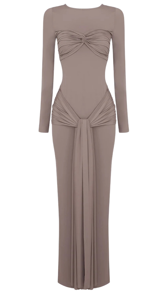 Vestido Largo Drapeado con Nudo Frontal – Chocolate