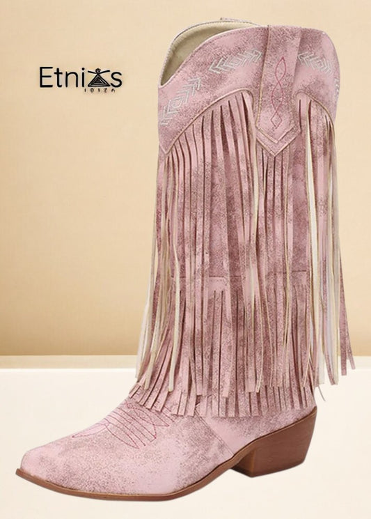 Botas Candy Rebelde – Rosa Empolvado con Flecos y Bordados