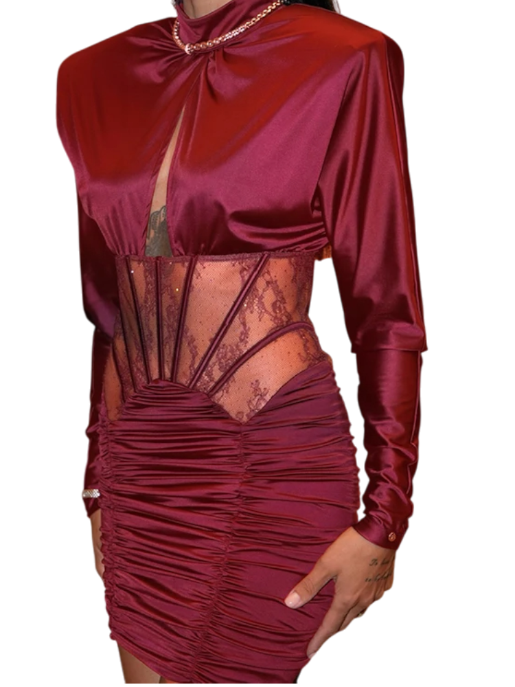 Vestido Burdeos Satinado con Transparencias y Encaje