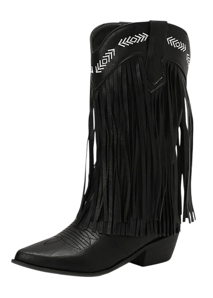 Botas Flaminga Negra – Bordado Tribal y Flecos Salvajes