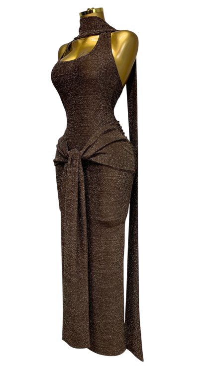 Vestido Largo Marrón Chocolate Metalizado ·
